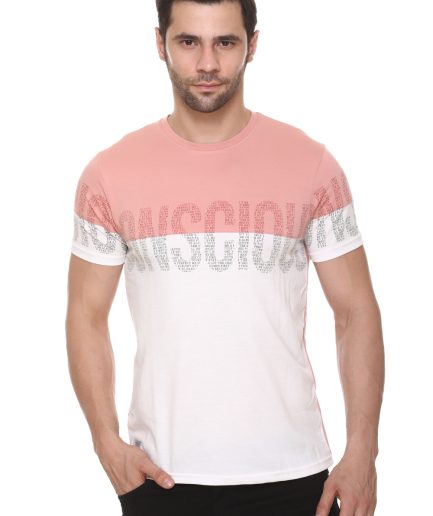 Men's Cotton Blended Cut & Sew Round Neck Regular Fit Spanish Pink Color T Shirt