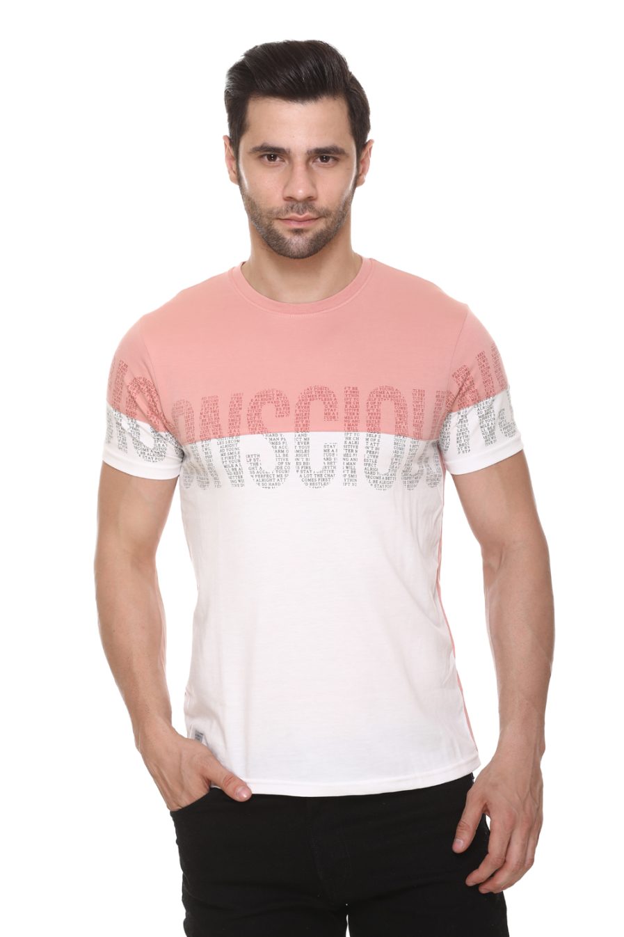 Men's Cotton Blended Cut & Sew Round Neck Regular Fit Spanish Pink Color T Shirt