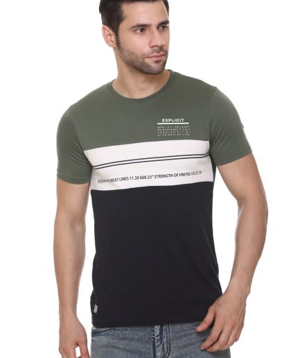 Men's Cotton Blended Cut & Sew Round Neck Regular Fit Olive Color T Shirt