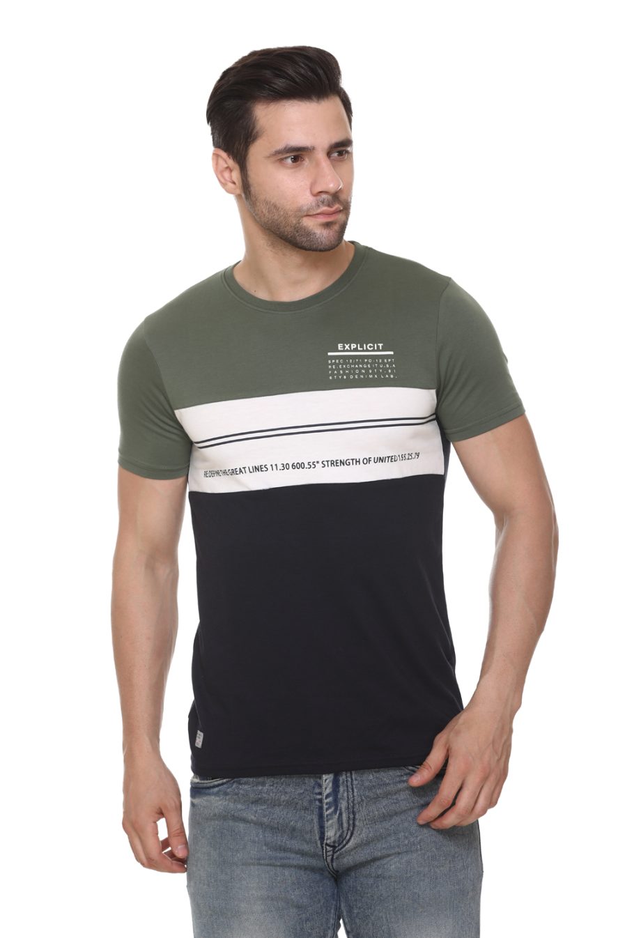 Men's Cotton Blended Cut & Sew Round Neck Regular Fit Olive Color T Shirt